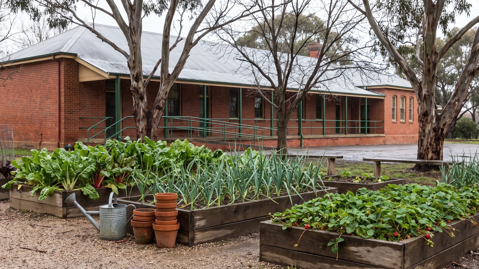 The school kitchen garden: raised timber beds of silverbeet, leeks and strawberries in front of the brick classroom block and its verandah
