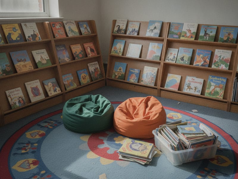The picture-book corner of the school library, beanbags on the rug